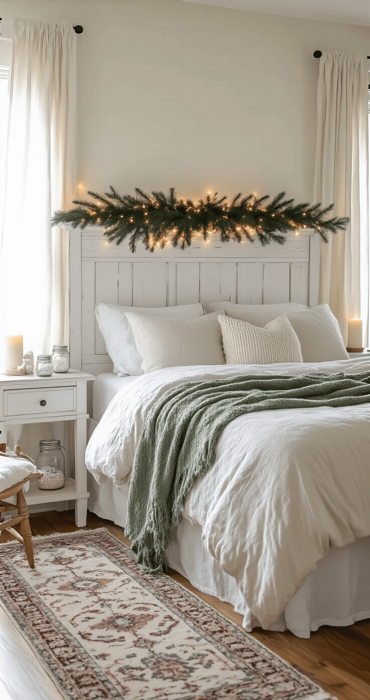 DIY Christmas Decor: Your Ultimate Guide to Festive Home Magic Cozy bedroom with minimal DIY Christmas decor, featuring a white-washed wooden headboard, evergreen swag, warm white lights, mason jar snow globes, and a sage green knit throw, all bathed in soft morning light.