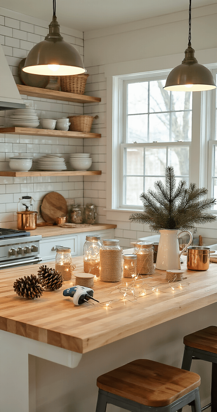 DIY Christmas Decor: Your Ultimate Guide to Festive Home Magic A vibrant kitchen island workspace mid-DIY holiday project, featuring crafting supplies like pinecones and burlap ribbon under warm pendant and natural lighting, with completed projects on open shelves and fresh evergreen branches in a vintage pitcher, all showcasing a cozy, creative atmosphere.