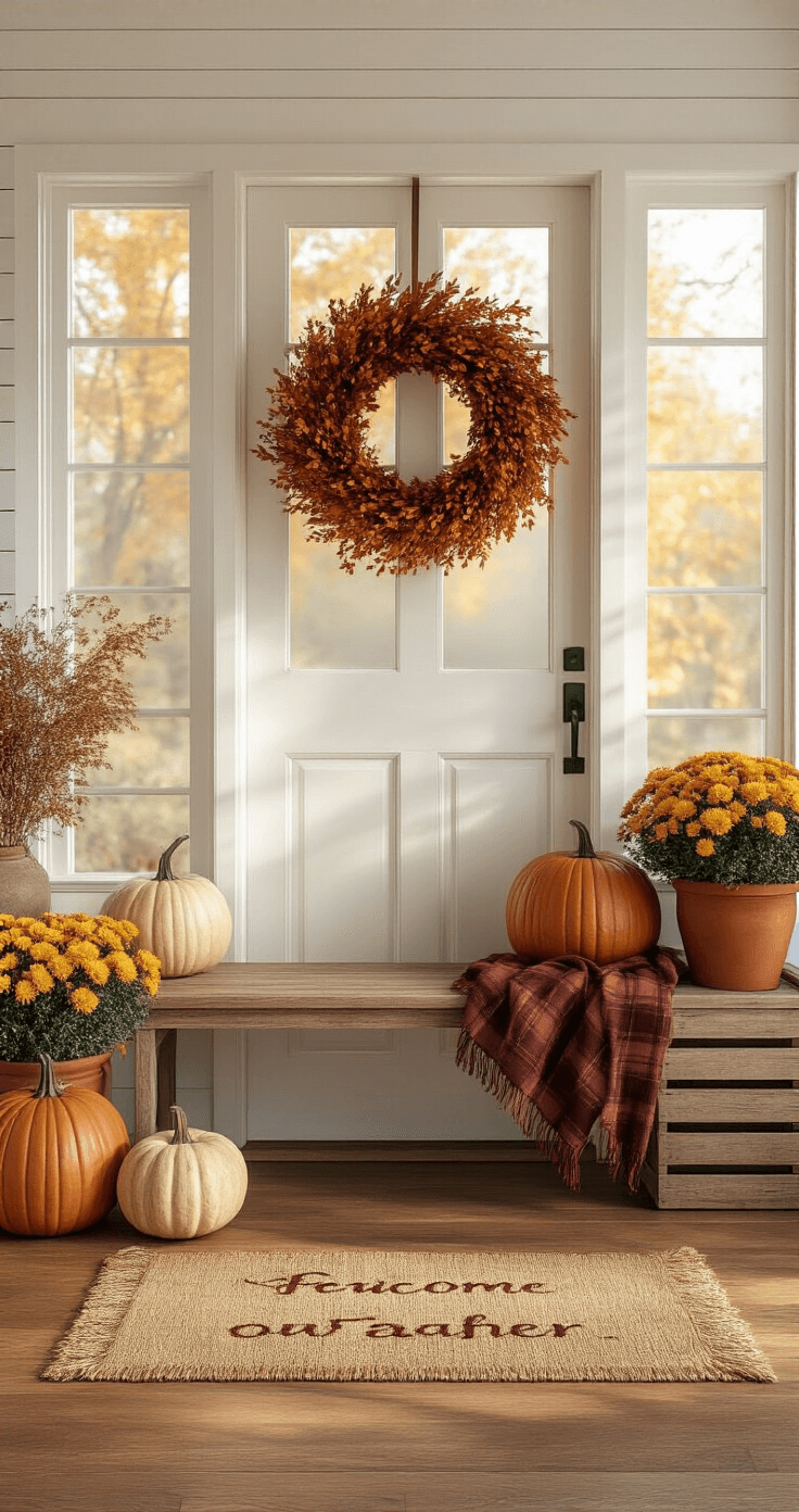 Fall Home Decor: Transform Your Space into an Autumn Sanctuary Photorealistic autumn entryway featuring white shiplap walls, warm oak hardwood floors, golden hour light casting amber shadows, oversized burgundy and orange wreath on cream front door, rustic wooden bench with burnt orange plaid throw, clustered pumpkins in deep orange, cream, and sage green, terracotta planters with bronze and yellow mums, jute autumn doormat with embroidered leaves, all captured in soft, natural lighting for a cozy atmosphere.