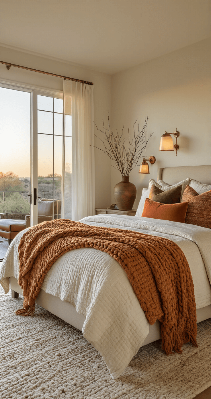 Cozy Fall Decor: Transform Your Home into an Autumn Haven Master bedroom sanctuary at sunset featuring a king bed with an ivory duvet, caramel and rust throws, and patterned pillows. Brass sconces provide warm lighting, and tall ceramic vases with dried oak branches add height. A leather chair and vintage trunk complete the cozy seating area, captured from the doorway to show the room's depth.
