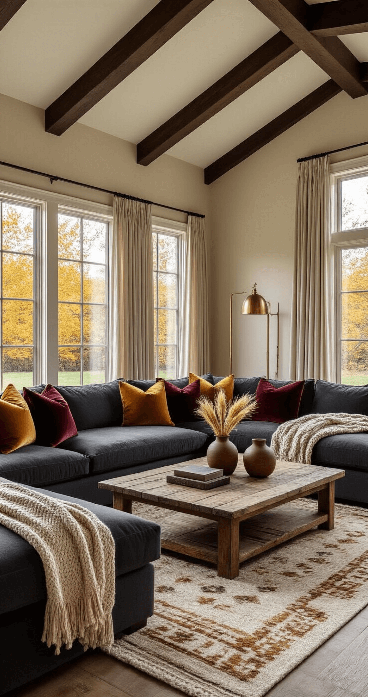 Fall Home Decor: Transform Your Space into an Autumn Sanctuary Luxurious fall living room with vaulted ceiling, large windows letting in golden light, charcoal sectional sofa, autumn-toned pillows, and a geometric wool rug, accented by decorative vases and warm ambient lighting.