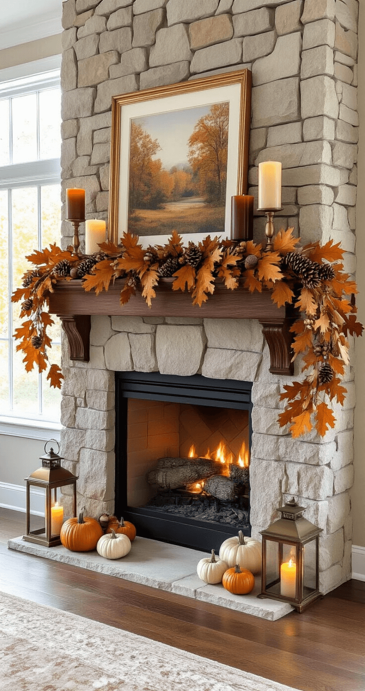 Fall Home Decor: Transform Your Space into an Autumn Sanctuary Elegant autumn fireplace mantel with stone surround and walnut mantelpiece, adorned with preserved oak leaves, acorns, and pinecones, featuring pillar candles in brass holders and mini heirloom pumpkins, complemented by framed landscape artwork and copper lanterns, all bathed in warm morning light.