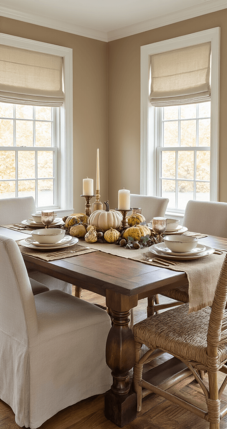 Fall Home Decor: Transform Your Space into an Autumn Sanctuary Sophisticated autumn dining room with a solid walnut table set for eight, featuring warm taupe walls, crown molding, and large windows dressed with linen Roman shades, adorned with an elegant centerpiece of mixed gourds and white pumpkins on a burlap runner, surrounded by cream ceramic dinnerware and copper chargers.