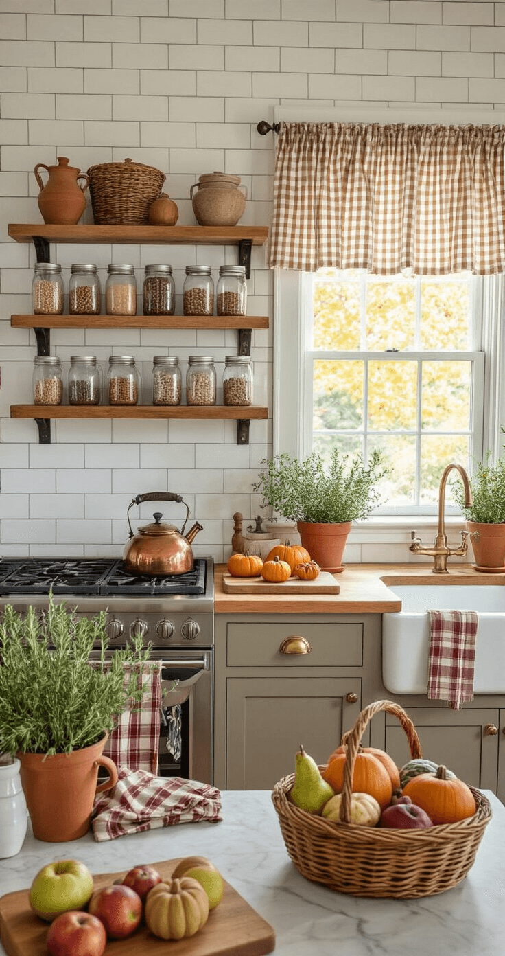 Fall Home Decor: Transform Your Space into an Autumn Sanctuary Charming farmhouse kitchen adorned with fall accents, featuring butcher block countertops, white subway tile backsplash, and morning sunlight filtering through gingham café curtains. Open shelves display mason jars with dried beans and seasonal items, while fresh herbs in terra cotta pots flourish on the windowsill. A wicker basket brims with apples, pears, and pumpkins on the marble island, creating a warm, inviting atmosphere enhanced by natural lighting.