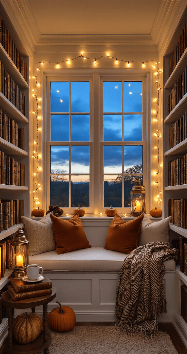 Fall Home Decor: Transform Your Space into an Autumn Sanctuary Cozy reading nook with built-in bookcases and window seat, adorned with warm string lights and vintage brass lanterns; features a cream-colored cushion, autumn-themed books, and decorative pumpkins, all illuminated by twilight blue sky through a large window.