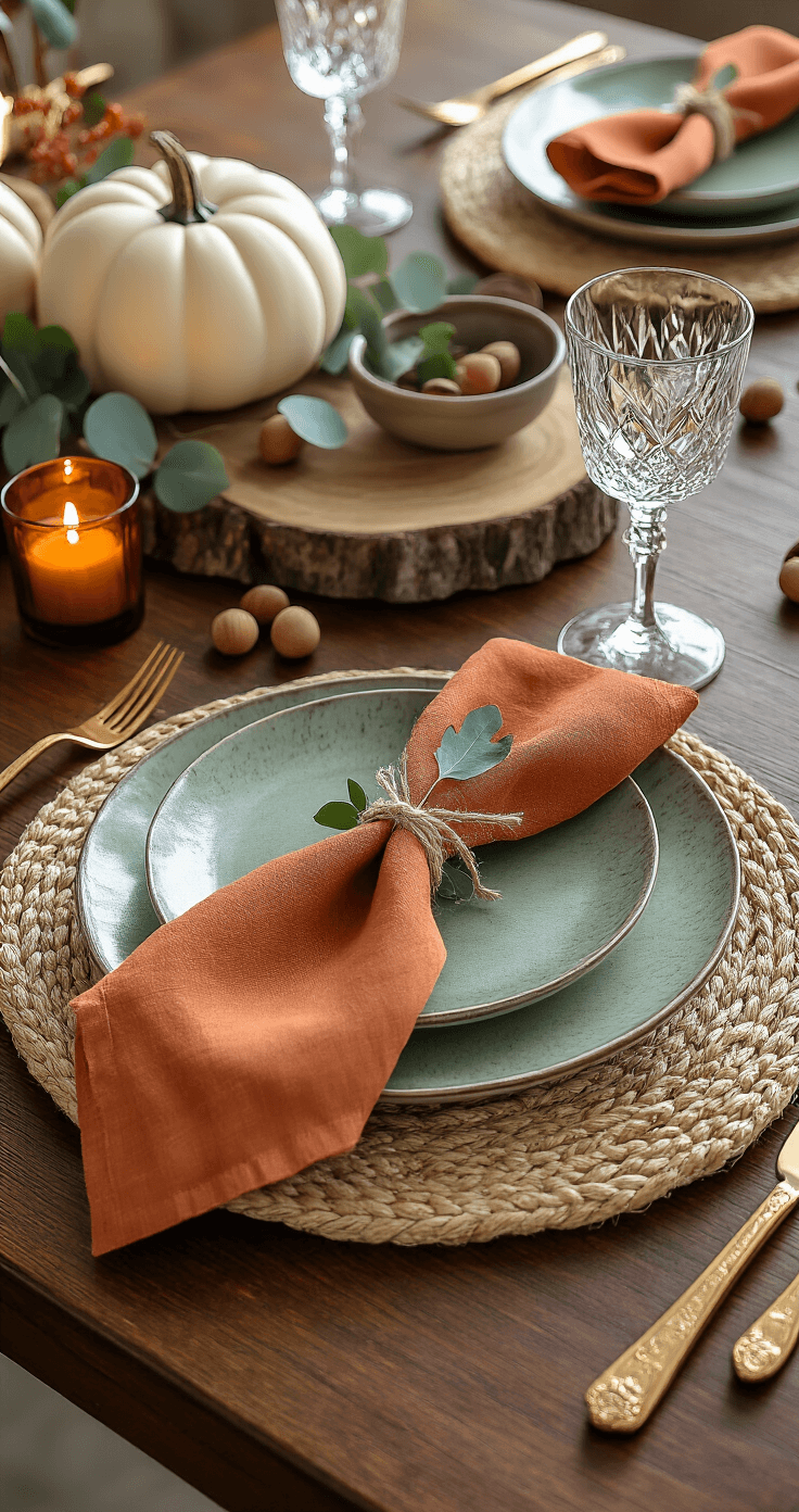 Fall Home Decor: Transform Your Space into an Autumn Sanctuary Elegant autumn tablescape setting on a mahogany dining table, featuring a textured sage green plate on a natural hemp charger, rose gold flatware, and a burnt orange linen napkin tied with twine and an oak leaf. Crystal wine glass and artisanal ceramic bowl complement the arrangement, while a centerpiece of a white pumpkin, acorns, and eucalyptus sprig sit on a reclaimed wood slice. An amber glass votive candle glows softly, with rich textures highlighted in natural morning light.