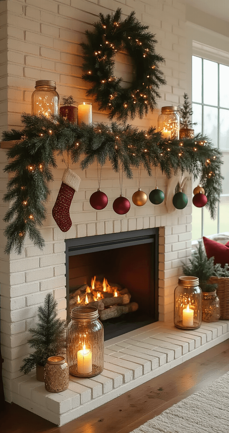 DIY Christmas Decor: Transform Your Home with Budget-Friendly Festive Crafts Photorealistic wide-angle shot of a cozy living room featuring a beautifully decorated DIY Christmas mantel with a cream-colored brick fireplace, adorned with evergreen garland, warm white LED lights, and gold-sprayed mason jar candle holders, all illuminated by golden hour sunlight streaming through the windows, with a cream leather armchair and plaid throw blanket in the foreground.
