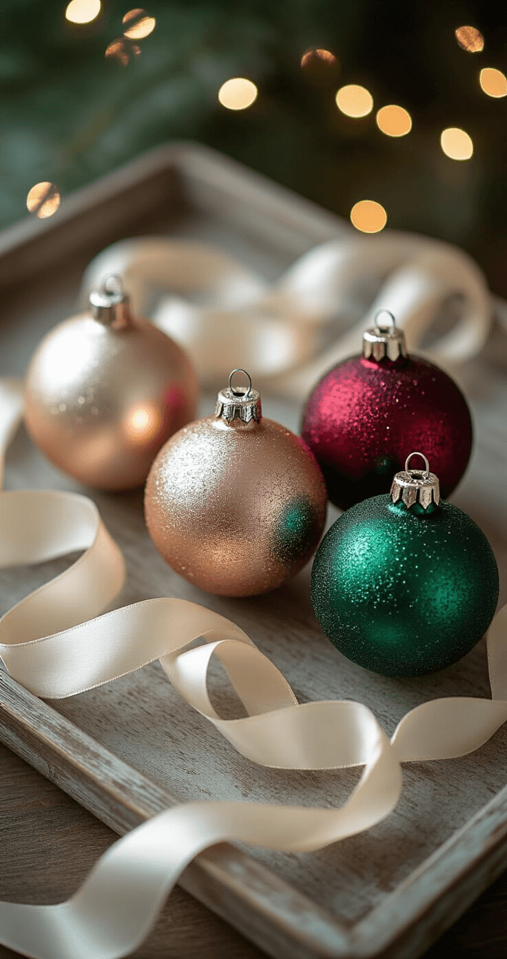 DIY Christmas Decor: Transform Your Home with Budget-Friendly Festive Crafts Intimate macro photograph of elegantly styled DIY Christmas ornaments in clear glass, showcasing metallic finishes in champagne, rose gold, and deep emerald, arranged on a weathered wooden tray with cream silk and burgundy velvet ribbons, softly illuminated by natural light, with a blurred bokeh of Christmas tree lights in the background.