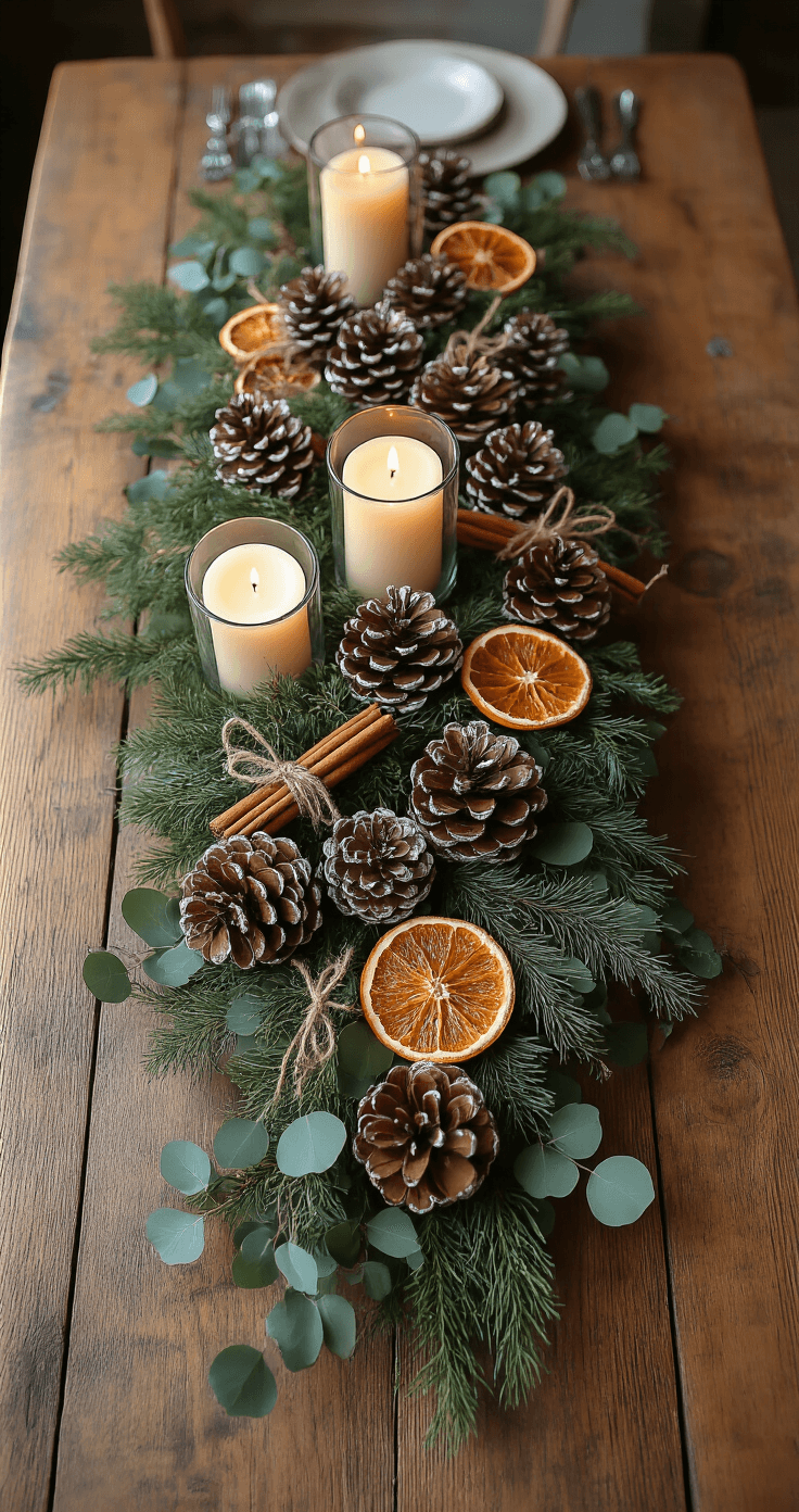 DIY Christmas Decor: Transform Your Home with Budget-Friendly Festive Crafts Overhead flat lay of a rustic dining table adorned with a natural elegance Christmas centerpiece featuring white-washed pinecones, cinnamon stick bundles, dried orange slices, hurricane candle holders, and greenery, illuminated by warm candlelight and natural window light.