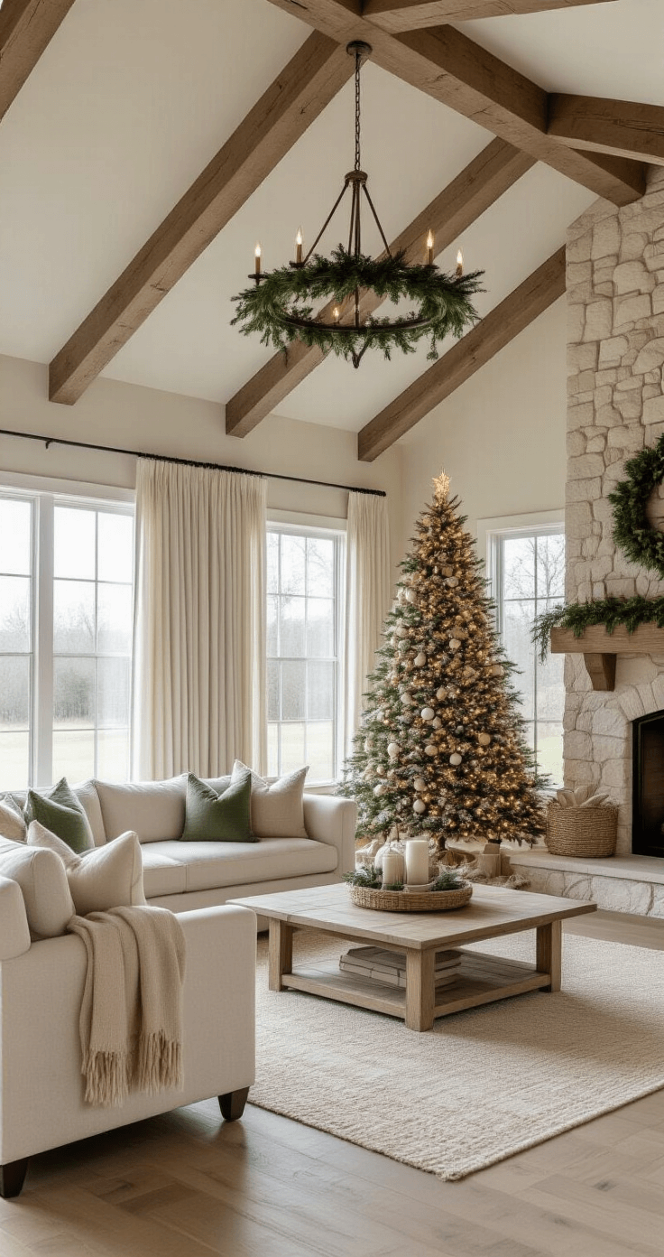 DIY Christmas Decor: Transform Your Home with Budget-Friendly Festive Crafts Wide shot of a modern farmhouse living room decorated for Christmas, featuring a flocked tree, wooden ornaments, and natural tones, with vaulted ceilings and a stone fireplace.