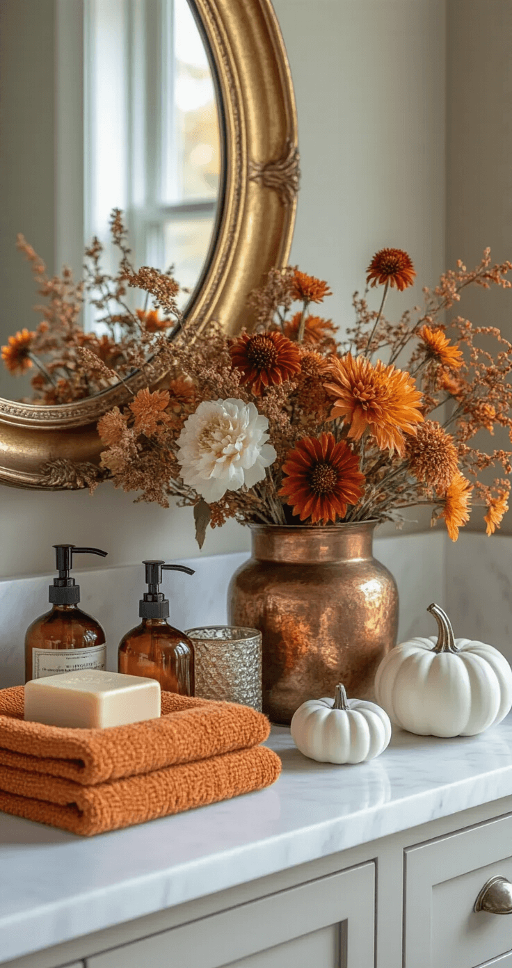 Cozy Fall Decor: Transform Your Home into an Autumn Haven Close-up of a powder room featuring an antique gold mirror reflecting dried flowers in a weathered copper vessel, with a white marble counter adorned with amber glass soap dispensers, spiced orange hand towels, and mercury glass candle holders, accented by small white ceramic pumpkins for a seasonal touch.
