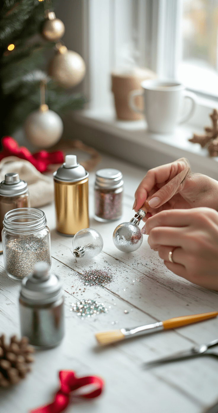 DIY Christmas Decor: Transform Your Home with Budget-Friendly Festive Crafts Close-up of hands creating DIY Christmas ornaments at a craft station, with a white wooden desk filled with glass ornaments, metallic spray paint cans, fine glitter, and satin ribbons, softly lit by north-facing window light, with blurred Christmas decorations and a steaming mug of hot chocolate in the background.