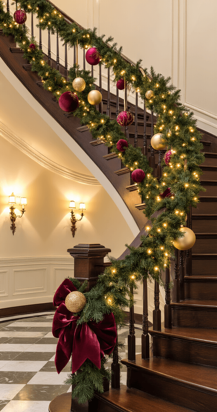 DIY Christmas Decor: Transform Your Home with Budget-Friendly Festive Crafts A dramatic low-angle view of a grand staircase adorned with thick evergreen garland, burgundy velvet ribbon, and copper wire fairy lights, featuring large burgundy and gold ornaments, set against warm sconce lighting and cream-colored walls, with checkerboard marble flooring visible at the base.