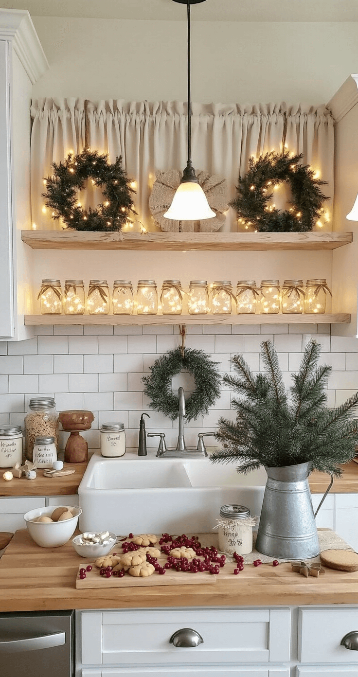 DIY Christmas Decor: Transform Your Home with Budget-Friendly Festive Crafts Cozy kitchen decorated for Christmas with open shelving featuring mason jars of cranberries and fairy lights, a farmhouse sink with pine branches, white cabinets adorned with DIY wreaths, warm pendant lighting, and baking ingredients on butcher block countertops, bathed in afternoon sunlight.