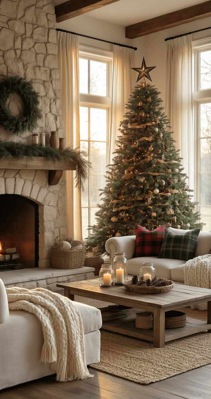 Cozy Farmhouse Christmas Decor: Transform Your Home into a Rustic Holiday Haven Photorealistic interior of a spacious farmhouse living room during golden hour, featuring a decorated Christmas tree beside a stone fireplace, warm sunlight streaming through curtains, a cream sofa with plaid pillows, and a rustic coffee table with candles and pinecones.