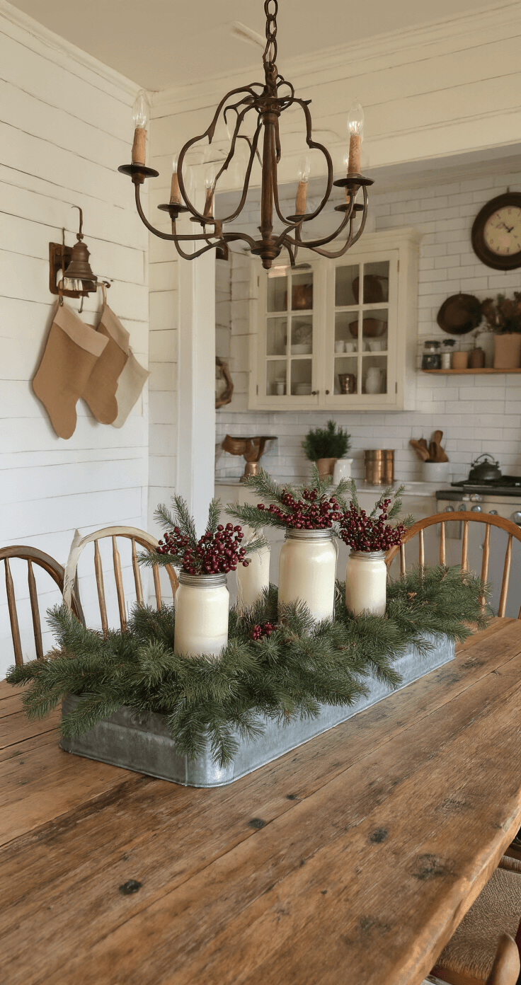 Cozy Farmhouse Christmas Decor: Transform Your Home into a Rustic Holiday Haven Intimate farmhouse dining room at twilight with a reclaimed barnwood table, mismatched vintage Windsor chairs, and a centerpiece of evergreen boughs, white pillar candles, and burgundy winter berries. Warm light from a wrought iron chandelier illuminates cream shiplap walls adorned with vintage lanterns and burlap stockings. Kitchen pass-through features white subway tiles and copper accents.