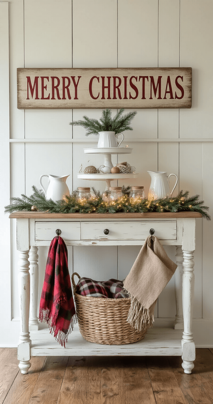 Cozy Farmhouse Christmas Decor: Transform Your Home into a Rustic Holiday Haven Welcoming farmhouse entryway with a white console table, vintage 'Merry Christmas' sign, winter greenery in pitchers, fairy lights, plaid blankets, burlap stockings, and rustic coat hooks, all illuminated by natural morning light.
