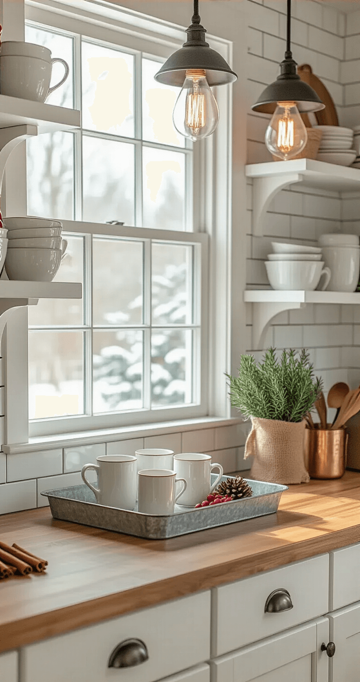 Cozy Farmhouse Christmas Decor: Transform Your Home into a Rustic Holiday Haven Cozy farmhouse kitchen counter vignette with vintage enamelware and mason jars on open white shelves, a galvanized tray holding ceramic mugs, cinnamon sticks, and pinecones on butcher block countertops; features a subway tile backsplash, a potted rosemary topiary, copper measuring cups with cranberries, and a window framing snow-covered evergreens, illuminated by warm Edison bulb pendant lights.
