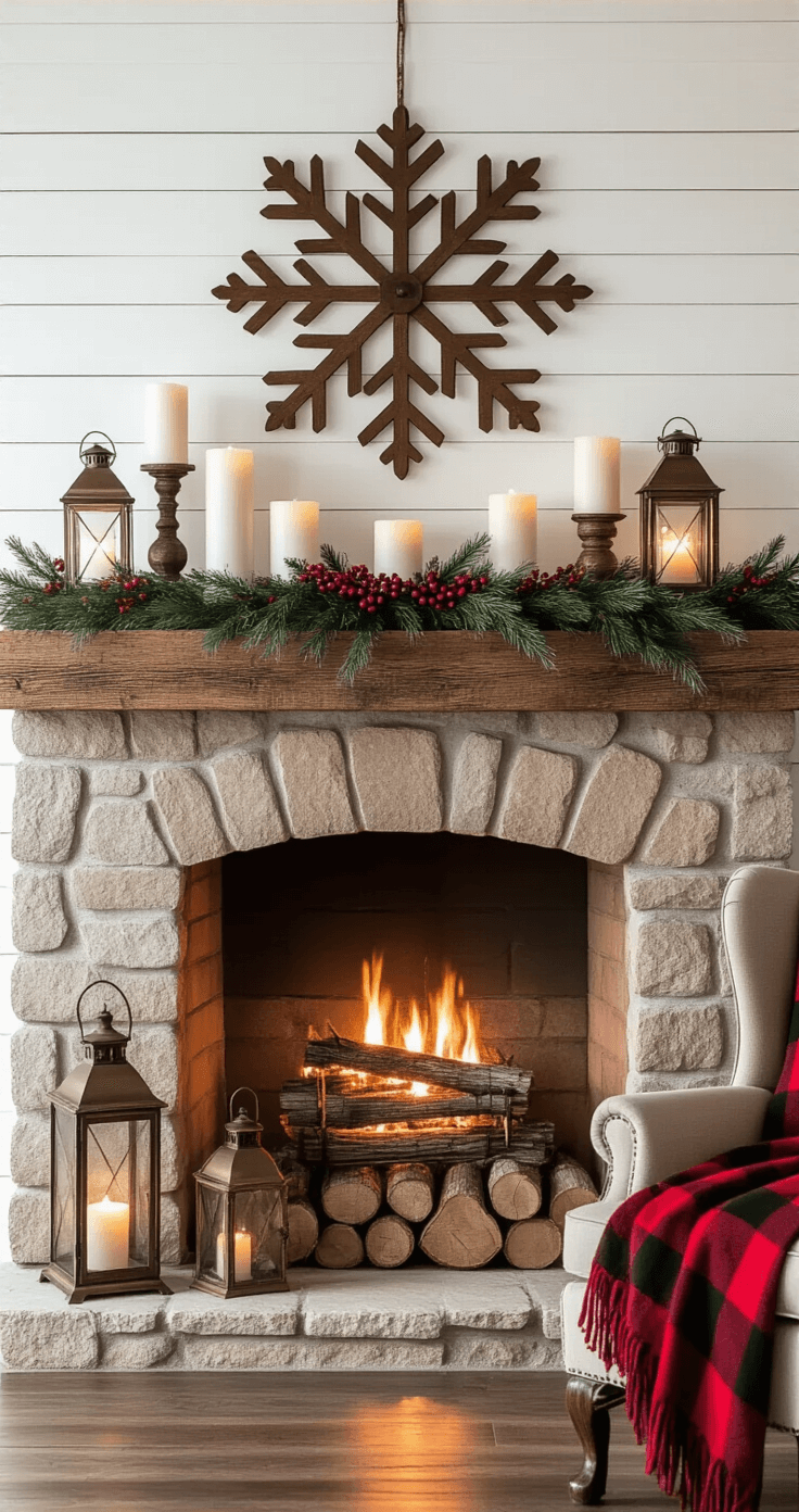 Cozy Farmhouse Christmas Decor: Transform Your Home into a Rustic Holiday Haven Rustic farmhouse mantel decorated for Christmas, featuring white pillar candles in hurricane glasses, vintage brass lanterns, and fresh garland with red berries, set against a stone fireplace with a vintage wooden snowflake above, all illuminated by warm firelight.