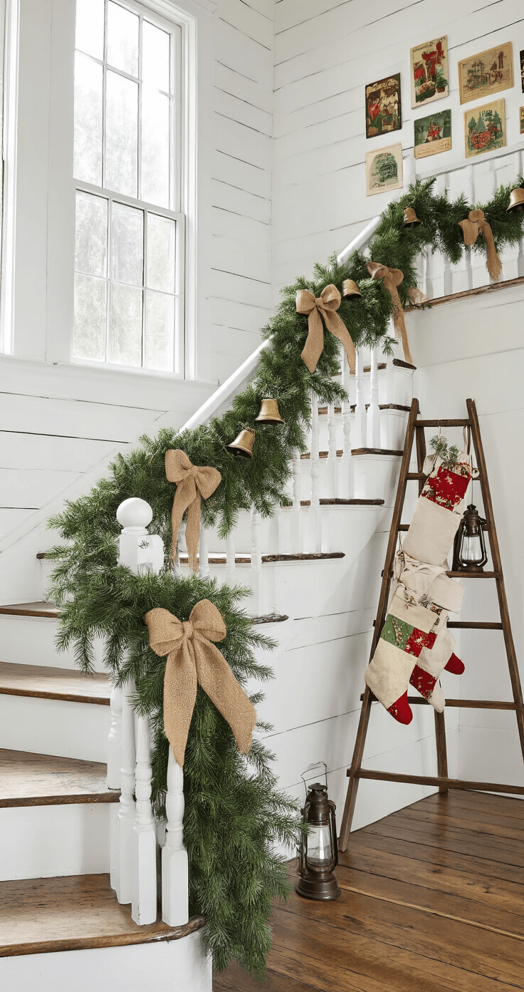 Cozy Farmhouse Christmas Decor: Transform Your Home into a Rustic Holiday Haven A charming farmhouse staircase elegantly decorated for the holidays, featuring a white spindle banister wrapped in evergreen garland with burlap ribbon bows, vintage metal sleigh bells, and a gallery wall of Christmas postcards, all set against painted white shiplap walls and illuminated by soft natural light.