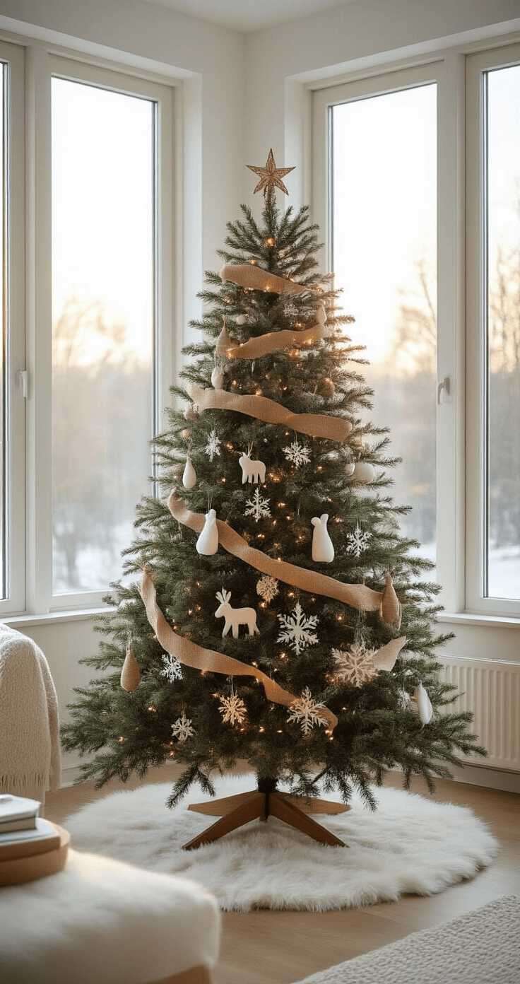 Magical Christmas Tree Decorations 2025: Your Ultimate Style Guide Bright corner living room featuring a 9-foot Nordic-style Christmas tree adorned with geometric wooden ornaments and white felt animals, surrounded by a white faux fur skirt, with floor-to-ceiling windows allowing morning light to fill the space, accentuating cream linen Scandinavian furniture and a cool, frosty ambiance.