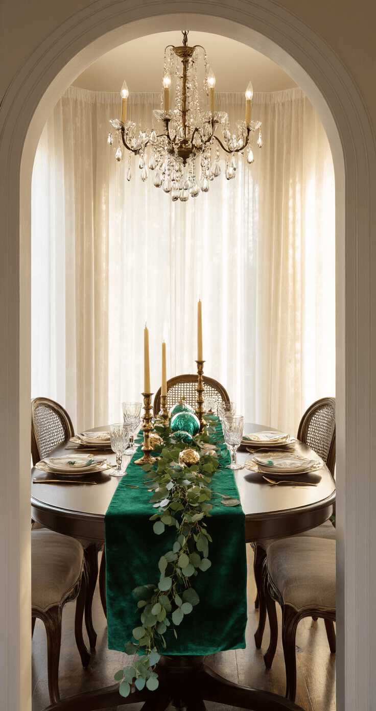 Magical Christmas Decor Ideas for 2025: Transform Your Home into a Festive Wonderland Intimate dining room featuring an oval dark wood table adorned with an emerald velvet runner and cascading brass ornaments, illuminated by golden hour light through sheer curtains. A crystal chandelier draped with fairy lights hangs above, while vintage brass candlesticks with cream tapers add warmth. Jewel-toned glass ornaments are arranged in antique mercury glass bowls, captured from the doorway arch, emphasizing the table's length and chandelier's relationship.