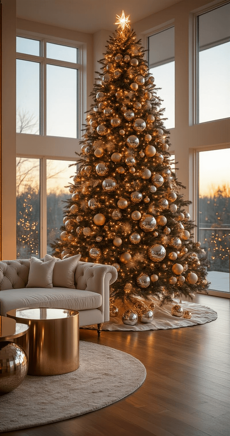Christmas Tree Trends 2025: Transform Your Holiday Decor with Stunning Style Photorealistic interior of a modern living room at golden hour, featuring a 9-foot Fraser fir Christmas tree adorned with metallic champagne, rose gold, and silver ornaments, alongside a luxurious cream velvet sofa and brass accent tables, all bathed in warm LED glow and filtered evening light across polished hardwood floors.