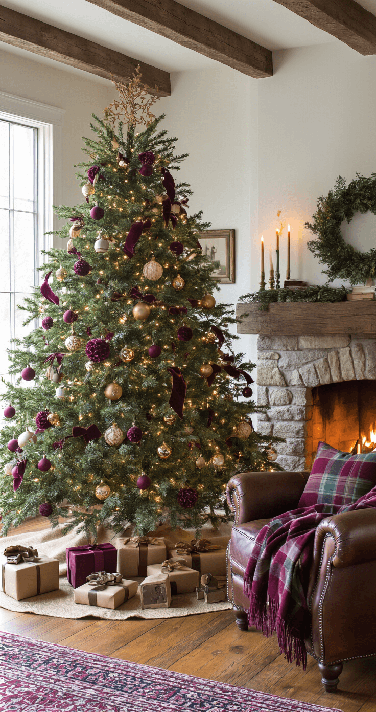 Christmas Tree Trends 2025: Transform Your Holiday Decor with Stunning Style Cozy traditional living room at blue hour featuring a decorated Noble fir tree, vintage ornaments in burgundy and green, a leather armchair with a wool throw, and a stone fireplace, all illuminated by warm lighting for a nostalgic holiday atmosphere.