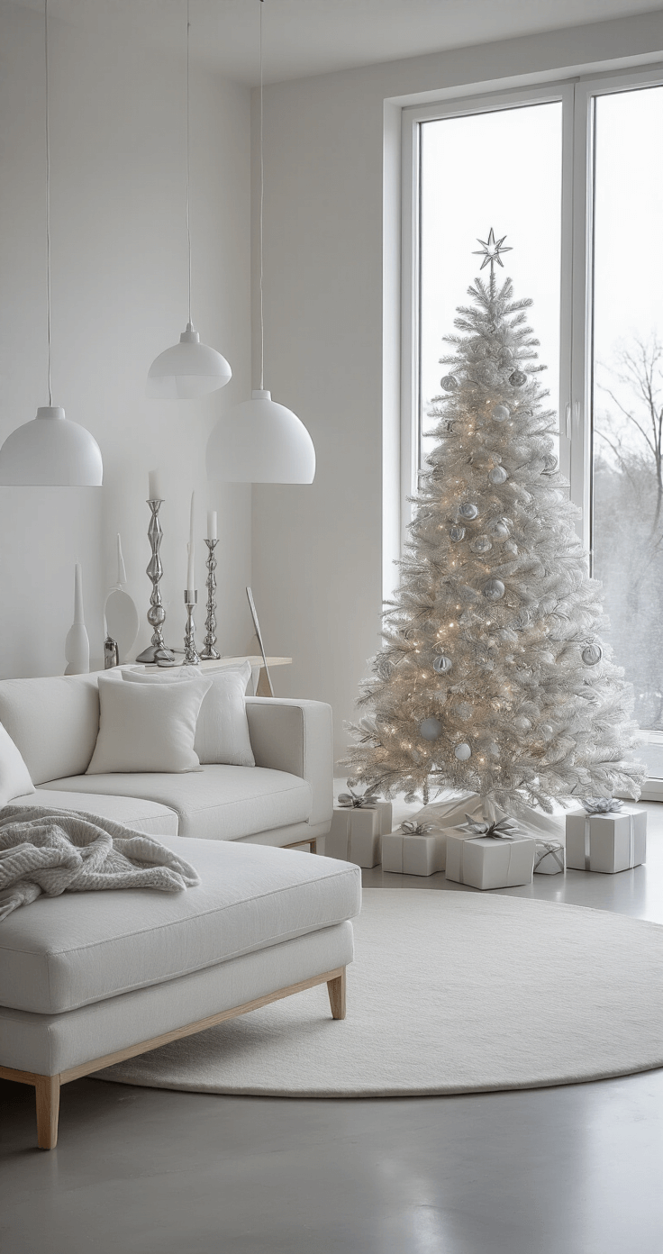 Christmas Tree Trends 2025: Transform Your Holiday Decor with Stunning Style Minimalist Scandinavian living space featuring a 7-foot white pine decorated in arctic white, silver, and crystal clear ornaments, with a low-profile white oak credenza, pale gray linen sectional, and concrete floors, illuminated by pure white LED lights through floor-to-ceiling windows.