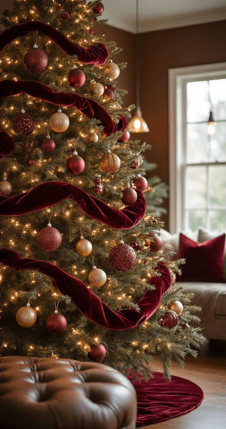 Christmas Tree Trends 2025: Transform Your Holiday Decor with Stunning Style Intimate family room scene highlighting a beautifully styled Christmas tree featuring burgundy velvet ribbon, metallic ornaments, and warm white fairy lights, with mocha brown walls and a cognac leather tufted ottoman, all captured in warm, inviting lighting.