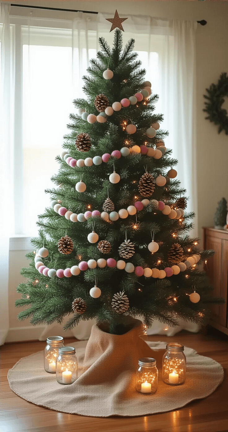 Christmas Tree Trends 2025: Transform Your Holiday Decor with Stunning Style A cozy apartment living room featuring a modest 5-foot Christmas tree decorated with handmade felt ball garlands, metallic-spray-painted pinecones, and white string lights, with upcycled glass jars of fairy lights beneath, all set on a vintage trunk with a homemade burlap skirt; warm natural light streams through sheer curtains onto laminate floors.