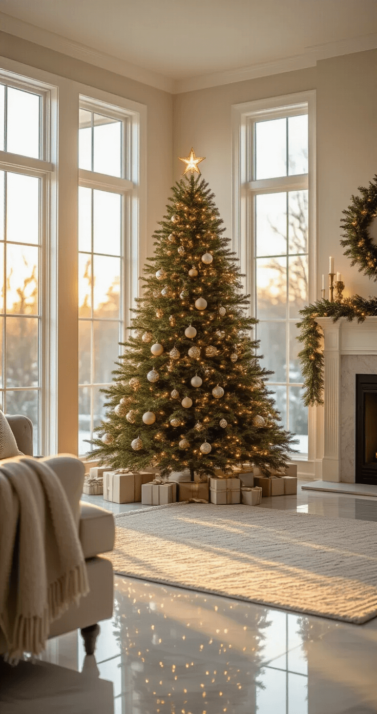 Christmas Tree Trends 2025: Transform Your Holiday Decor with Stunning Style Professional Christmas tree setup in designer living room during golden hour, featuring a 10-foot Fraser fir adorned with metallic ornaments, warm string lights, and soft natural backlighting from large windows, reflecting on polished marble floors.