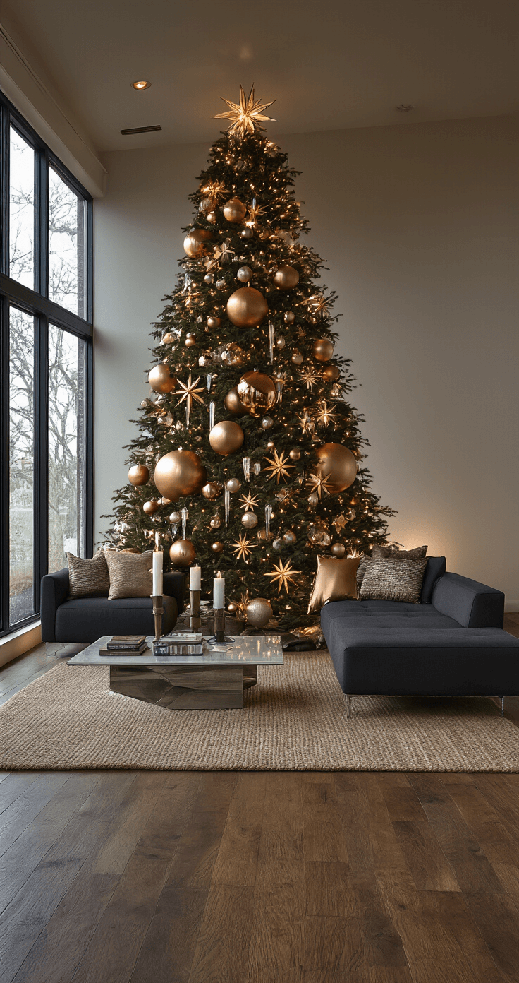 Christmas Tree Trends 2025: Transform Your Holiday Decor with Stunning Style Sophisticated holiday living room featuring a dramatic 8-foot Christmas tree adorned with oversized metallic ornaments, including large copper spheres, vintage brass stars, and crystal icicles, complemented by a plush charcoal sectional and glass coffee table, all set against rich hardwood floors under warm recessed lighting and subtle uplighting, shot from a low angle to emphasize the tree's sculptural quality.