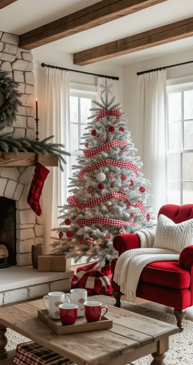 Deck the Halls: How to Create a Stunning Red and White Christmas Tree That Steals the Show Intimate cottage living room with a 6-foot red and white Christmas tree beside a stone fireplace, morning light filtering through sheer curtains, rustic exposed beams, and whitewashed walls. Decor features red plaid ribbon, candy cane striped ornaments, and white felt snowflakes. A vintage red velvet armchair with a cream knit throw and a weathered wood coffee table with hot cocoa mugs create a warm, inviting atmosphere.