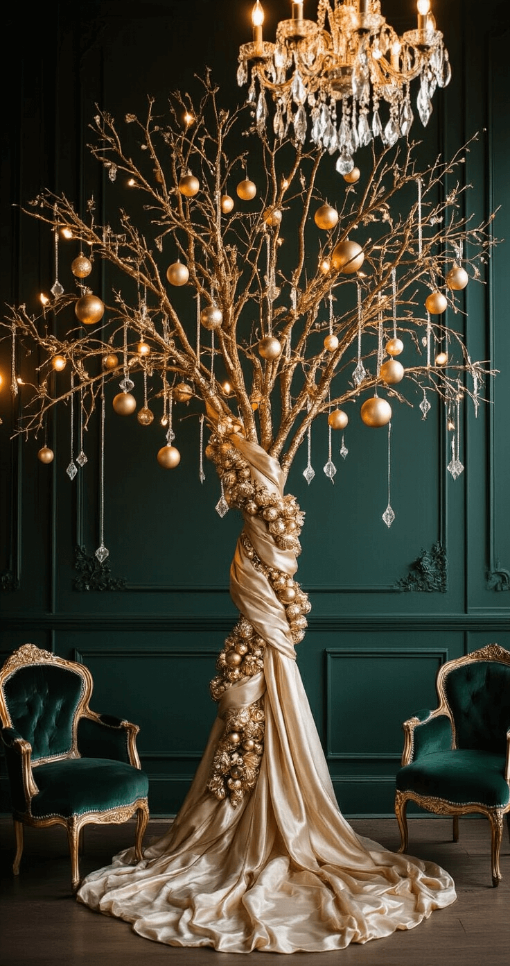 Magical Christmas Tree Decorations 2025: Your Ultimate Style Guide An intimate Victorian parlor with dark emerald walls, featuring a 7-foot metallic-decorated tree between antique velvet armchairs, adorned with champagne gold baubles, crystal ornaments, and silk ribbons, all illuminated by warm vintage-style lights, with a sparkling crystal chandelier overhead.