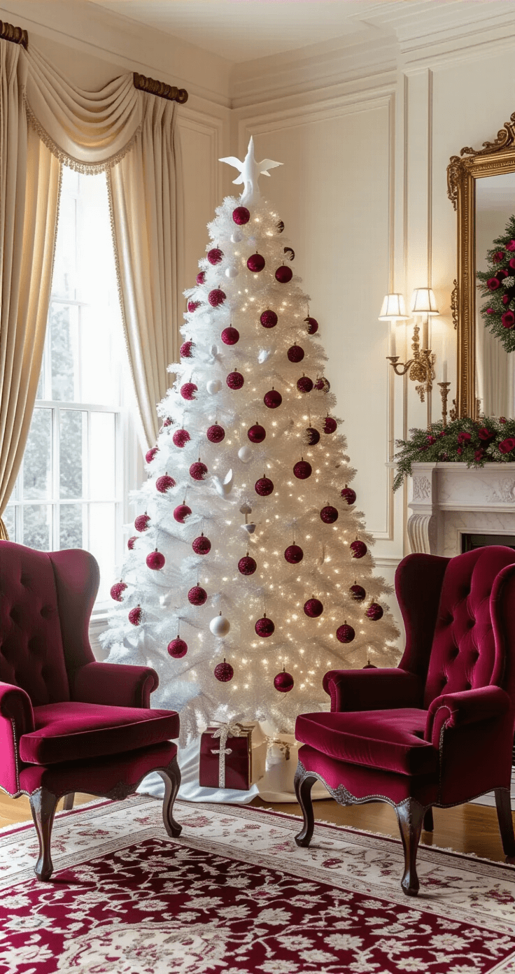Deck the Halls: How to Create a Stunning Red and White Christmas Tree That Steals the Show Elegant formal living room featuring a pristine white Christmas tree adorned with deep crimson and pearl ornaments, surrounded by cream silk wallpaper and Persian rugs, with twin burgundy wingback chairs by a marble fireplace and a gilded mirror reflecting the tree, all illuminated by warm golden light.
