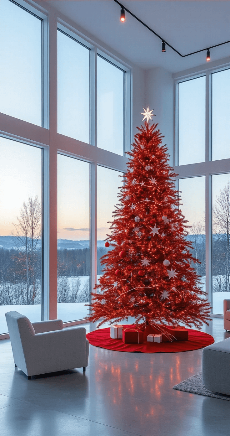 Deck the Halls: How to Create a Stunning Red and White Christmas Tree That Steals the Show A modern open-concept room with a 7-foot red and white Christmas tree near large windows, showcasing geometric ornaments and minimalist decor, illuminated by twilight and track lighting, creating a serene holiday atmosphere.