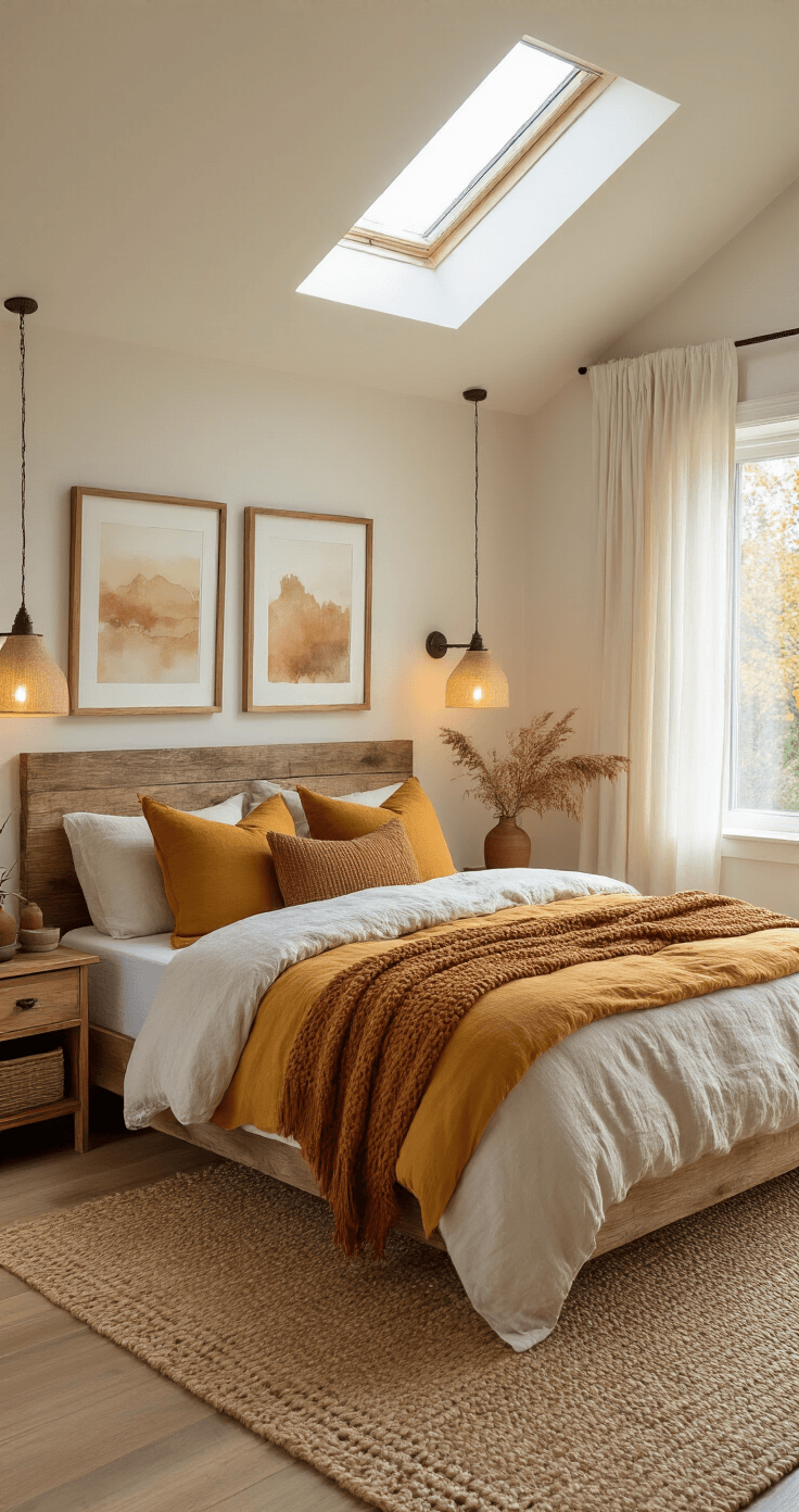 Fall Room Decor: Transform Your Space into an Autumnal Haven Intimate bedroom scene with vaulted ceiling and skylights, featuring a platform bed with autumn-themed bedding, warm ceramic lamps, and a woven jute rug, all bathed in soft morning light.