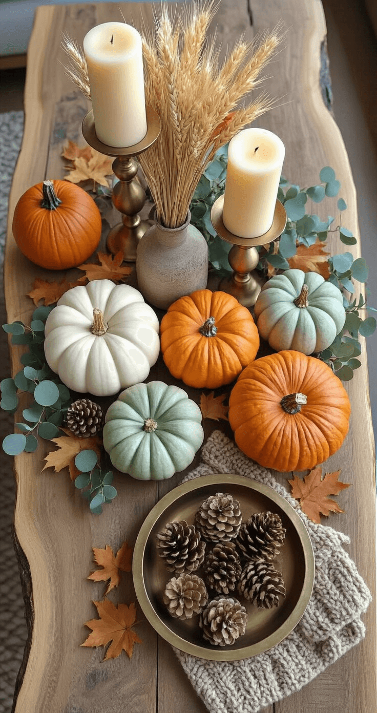 Fall Room Decor: Transform Your Space into an Autumnal Haven Overhead view of a stylized autumn coffee table centerpiece featuring decorative pumpkins, dried wheat, eucalyptus, and candles on a reclaimed wood table, illuminated by natural morning light.