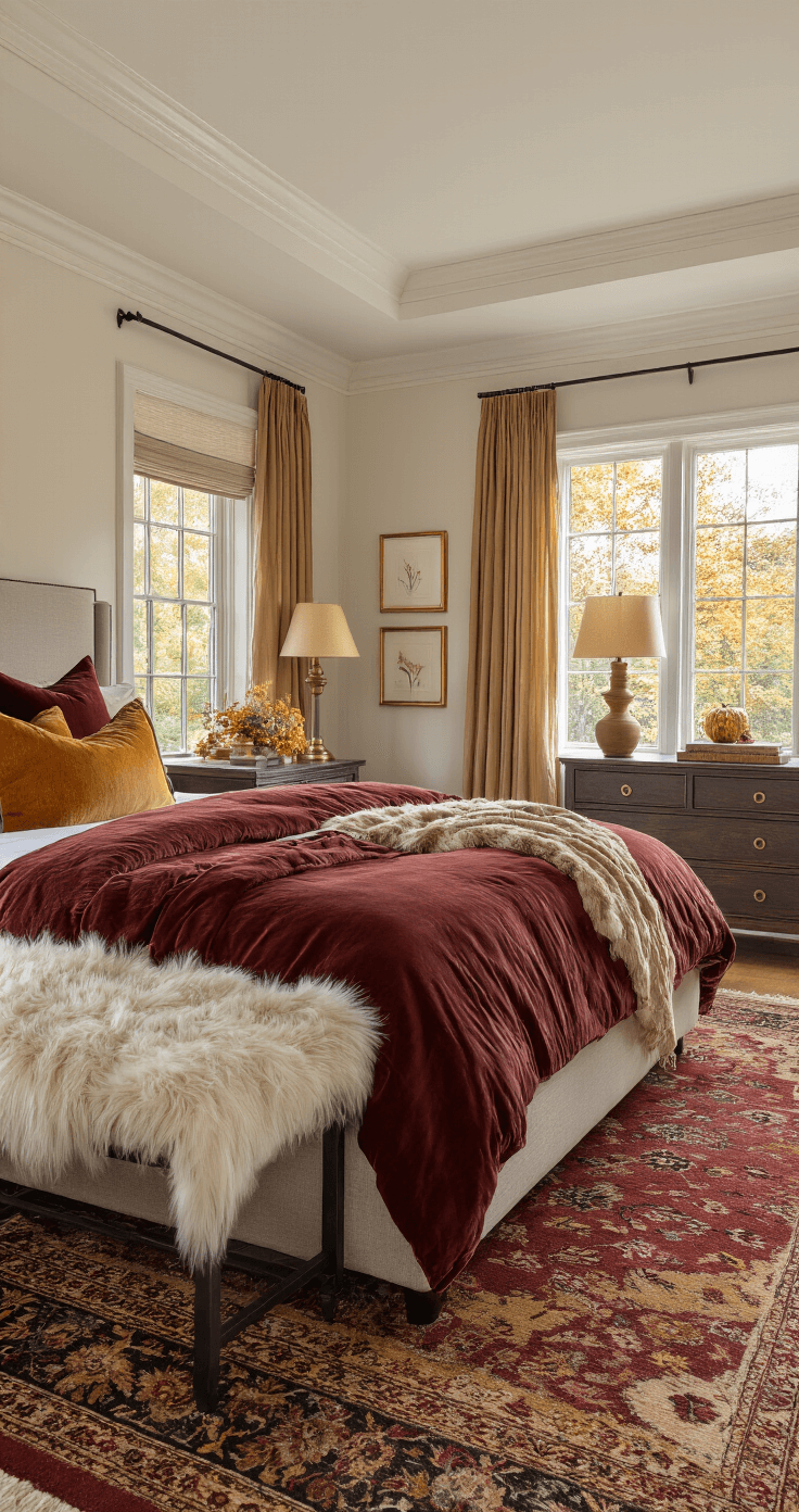 Fall Room Decor: Transform Your Space into an Autumnal Haven Elegant master bedroom featuring autumn-themed bedding in rich colors, large windows with warm curtains, and ambient lighting, all captured during golden hour.