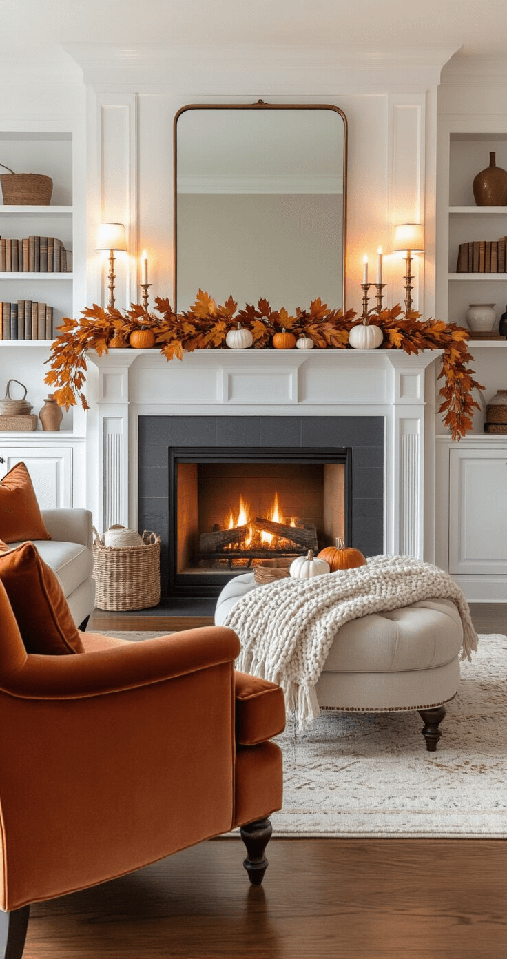 Fall Room Decor: Transform Your Space into an Autumnal Haven Artfully styled living room mantel and fireplace during evening hours, featuring a traditional white-painted mantel decorated with autumn garland, small white pumpkins, and brass candlesticks. The warm glow from the fireplace casts dancing shadows, while a large mirror above reflects the cozy lighting. Built-in bookcases flank the fireplace, showcasing books and seasonal decor. A comfortable seating arrangement includes a rust-colored velvet chair and an ottoman with a chunky knit throw, all set against hardwood floors and neutral walls.