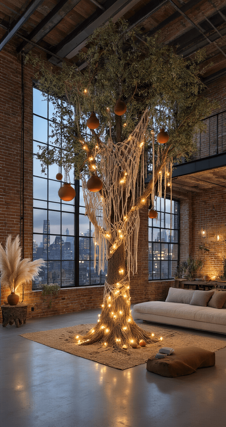 Magical Christmas Tree Decorations 2025: Your Ultimate Style Guide A modern open-concept loft at dusk featuring a dramatic 10-foot boho-chic tree adorned with macramé garlands and terra cotta ornaments, surrounded by dried pampas grass. Natural jute rope lights intertwine the branches, with concrete floors reflecting soft lighting. Industrial windows showcase city lights outside, while exposed brick walls and steel beams complete the design.