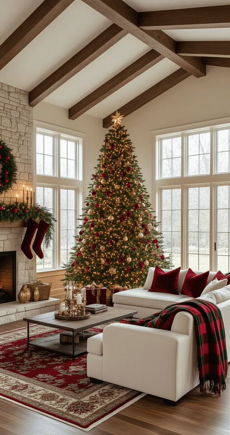 Festive Magic: Transform Your Home with Stunning Christmas Decor Photorealistic wide-angle shot of a cozy traditional living room decorated for Christmas, featuring a Fraser fir tree with rich burgundy ribbon and warm white lights, a cream sectional sofa with buffalo plaid throws, a garland-adorned fireplace, and golden hour lighting.
