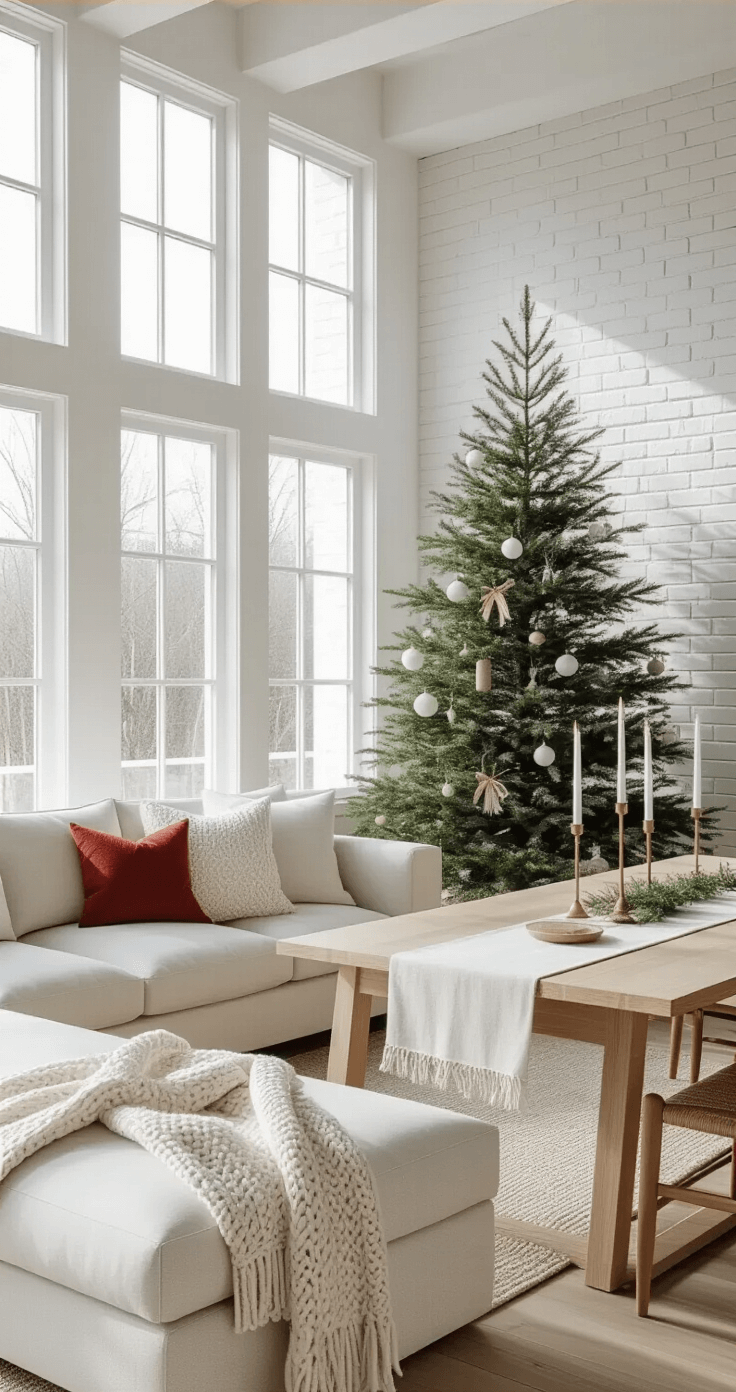 Festive Magic: Transform Your Home with Stunning Christmas Decor A minimalist Scandinavian-inspired Christmas scene featuring a slim white pine tree with natural wooden ornaments in a bright, airy open-concept space. The room has floor-to-ceiling windows, a light oak dining table decorated with a white linen runner and brass candelabras, and a neutral linen sectional with cream throws and a single red pillow. The walls are pale gray with a white-washed brick accent wall, illuminated by natural morning light, showcasing clean lines and negative space.