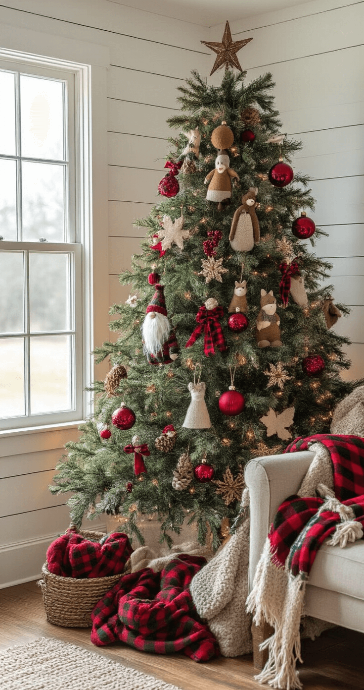 Magical Christmas Tree Decorations 2025: Your Ultimate Style Guide Cozy farmhouse family room in late afternoon light featuring an 8-foot Christmas tree decorated with handcrafted ornaments, felt woodland creatures, vintage glass baubles in ruby reds and forest greens, and accented with chunky knit garland and buffalo plaid ribbons, set against whitewashed shiplap walls.