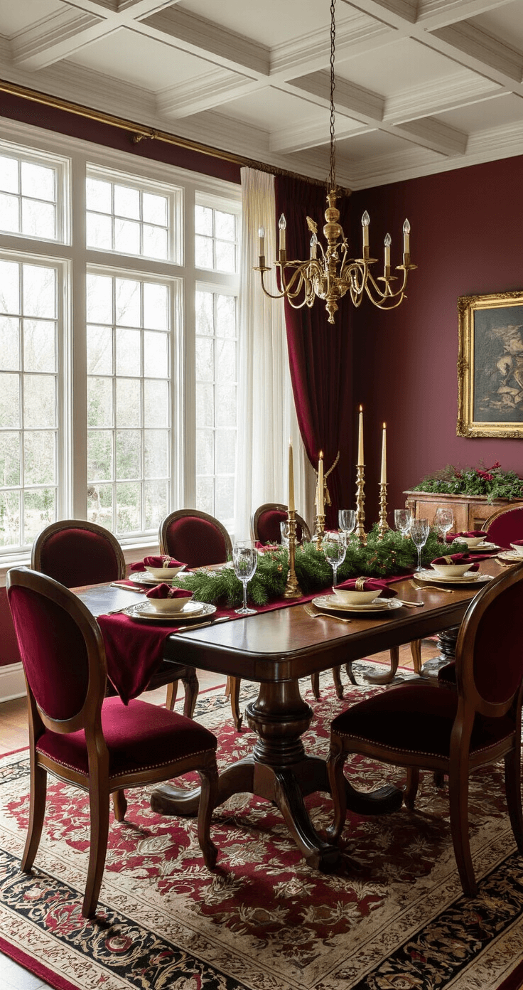 A Festive Christmas Dining Table Decor: Your Ultimate Guide to Magical Holiday Entertaining Photorealistic interior of an elegant dining room decorated for Christmas, featuring a mahogany dining table set for eight with vintage brass candlesticks, a crimson velvet table runner, and antique china, all bathed in warm golden hour light.