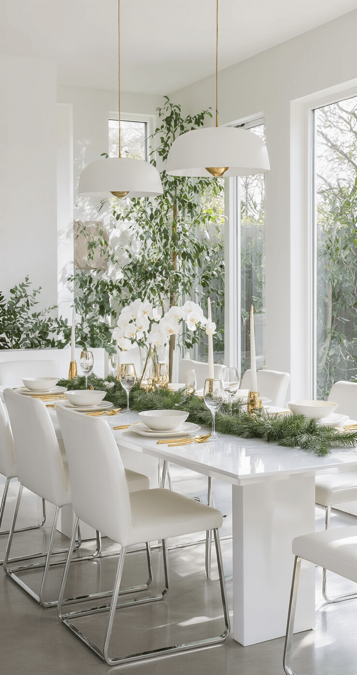A Festive Christmas Dining Table Decor: Your Ultimate Guide to Magical Holiday Entertaining Contemporary minimalist dining space decorated for Christmas with a sleek white lacquered table, eucalyptus garland, gold accents, and white orchids, all illuminated by natural light from floor-to-ceiling windows.