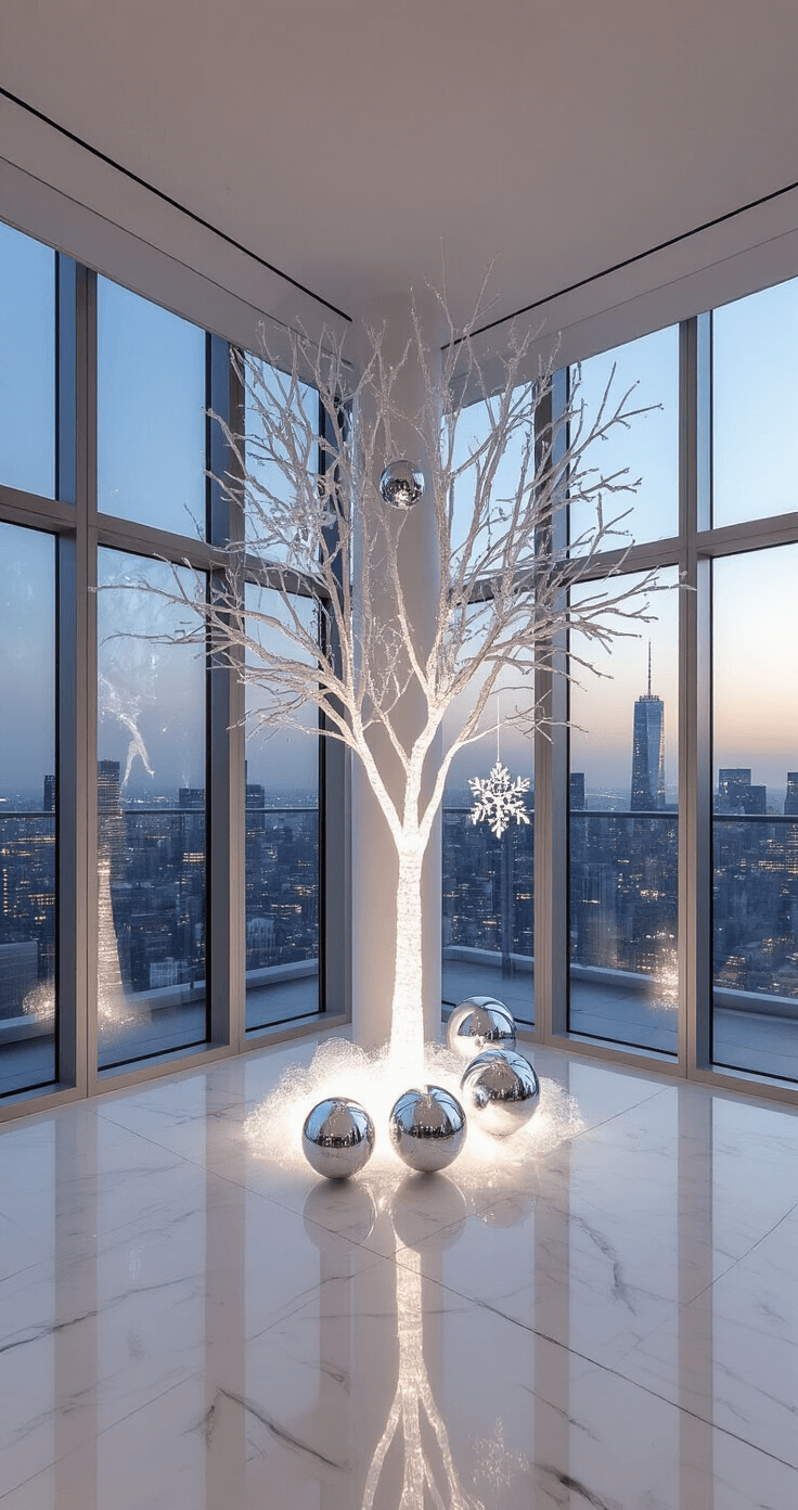 Magical Christmas Tree Decorations 2025: Your Ultimate Style Guide A contemporary penthouse interior during twilight featuring a minimalist tree in white and silver, adorned with glass icicles and mirror balls. Ethereal crystalline snowflakes add to the ambiance, enhanced by LED color-changing lights. Floor-to-ceiling windows reveal a stunning city skyline, with reflections on the polished marble floors captured in an ultra-wide angle view.