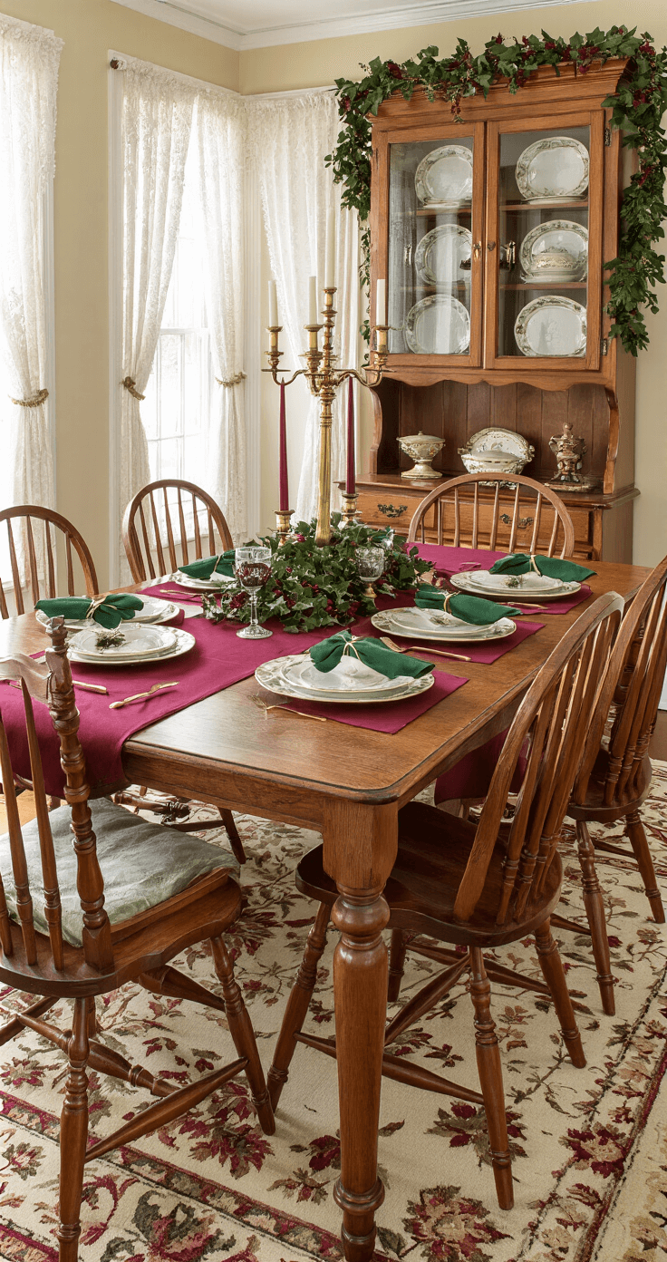 A Festive Christmas Dining Table Decor: Your Ultimate Guide to Magical Holiday Entertaining A warm traditional dining room decorated for Christmas, featuring a solid oak dining table set for a family gathering, with burgundy and gold table linens, hunter green napkins, and brass candlesticks holding burgundy candles. A built-in hutch displays china, and a garland of fresh holly and ivy runs along the table. Soft afternoon light filters through lace curtains, enhancing the classic burgundy, hunter green, and gold color palette. Matching oak Windsor chairs and a floral area rug complete the inviting holiday atmosphere.