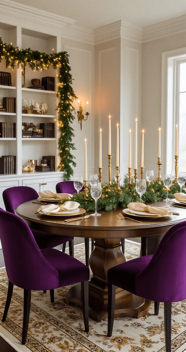 A Festive Christmas Dining Table Decor: Your Ultimate Guide to Magical Holiday Entertaining Elegant dining room with an oval walnut table set for a festive meal, adorned with varied height candles and fairy lights, featuring deep purple and gold decor, cream silk napkins, and plush velvet chairs, all bathed in soft candlelight for a magical holiday ambiance.